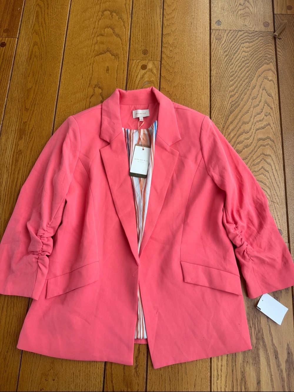 Skies Are Blue Coral Pink Ruched-Sleeve Open Blazer